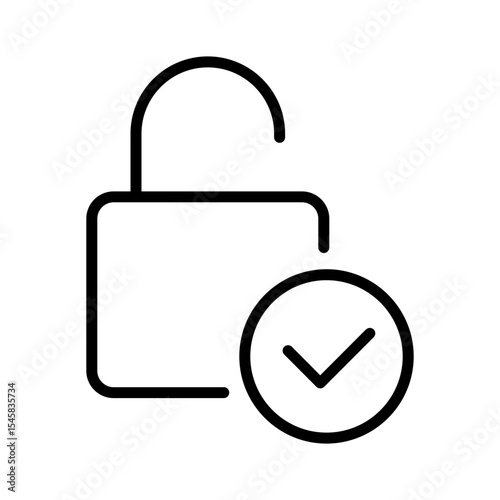 Black single unlock success line icon, simple flat release protection design illustration pictogram for infographic interface elements for app logo web button ui isolated on white background