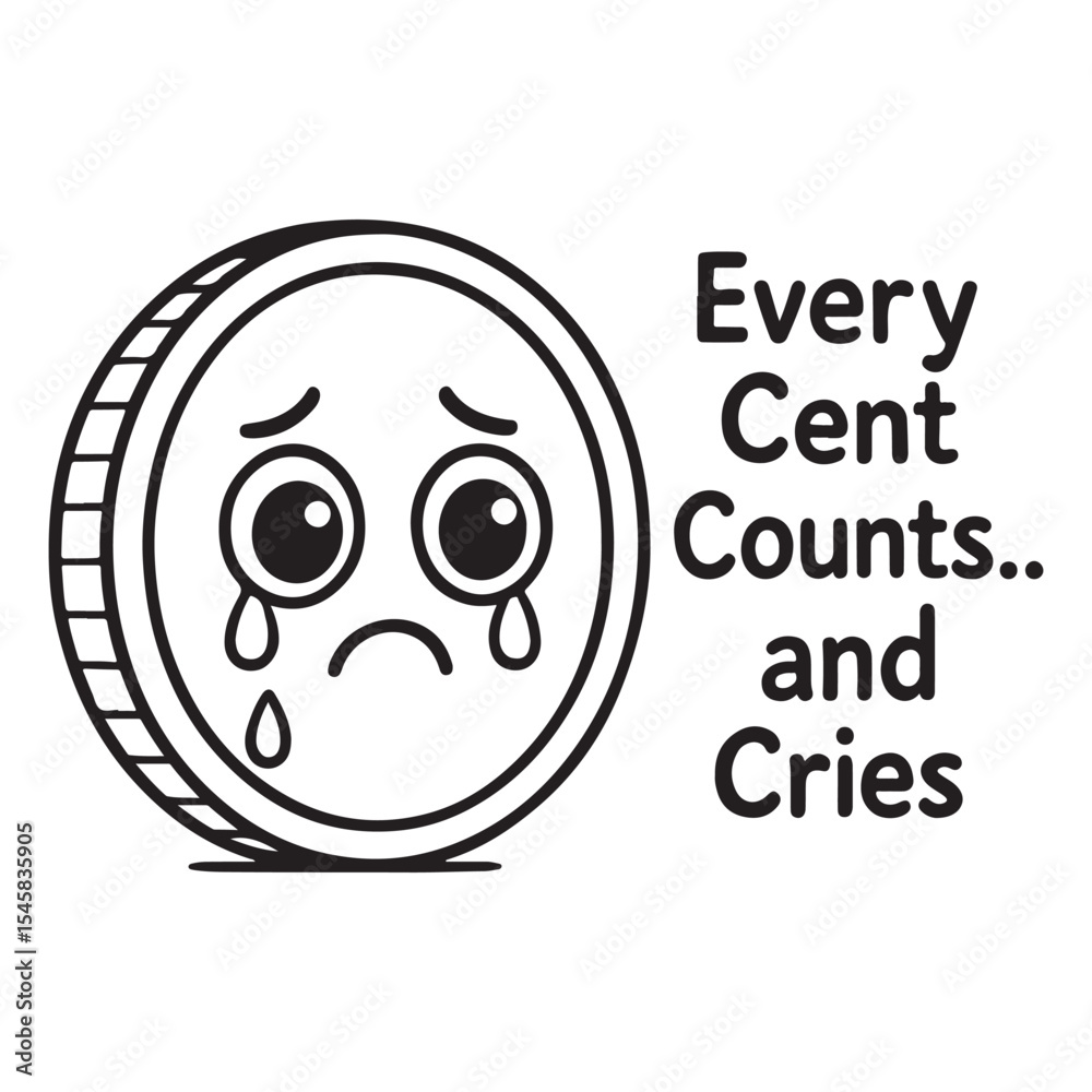Fototapeta premium Crying Coin Vector – Financial Crisis Line Art with Sad Money Face