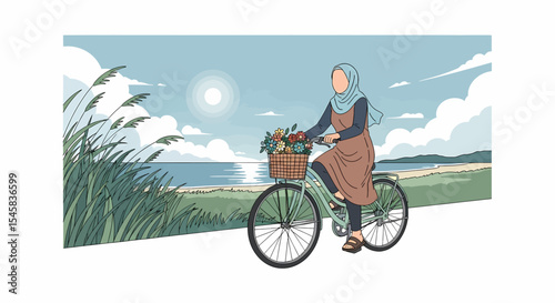 Adobe illustrator artwork vector illustration of a Muslim woman in hijab cycling along a scenic beach path with a basket of flowers. Relaxing outdoor activity and nature vector