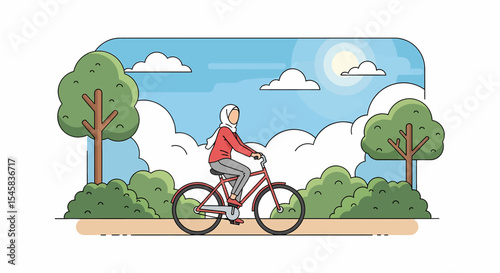 Adobe illustrator artwork vector illustration of a Muslim woman in hijab cycling in a park on a sunny day. Healthy outdoor activity and urban nature scene in vector