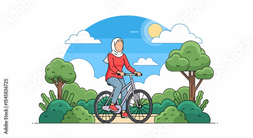 Adobe illustrator artwork vector illustration of a Muslim woman in hijab cycling in a park on a sunny day. Healthy outdoor activity and urban nature scene in vector