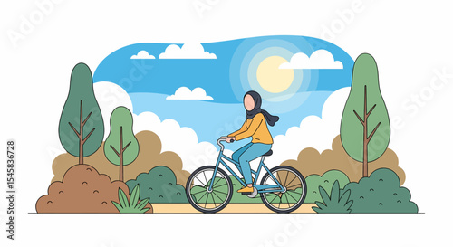 Adobe illustrator artwork vector illustration of a Muslim woman in hijab cycling in a park on a sunny day. Healthy outdoor activity and urban nature scene in vector
