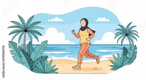 Adobe illustrator artwork vector illustration of a Muslim woman in hijab jogging on a tropical beach. Sporty and active lifestyle, perfect for health and travel themes