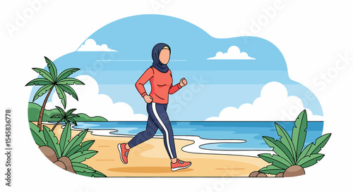 Adobe illustrator artwork vector illustration of a Muslim woman in hijab jogging on a tropical beach. Sporty and active lifestyle, perfect for health and travel themes