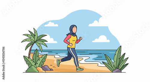 Adobe illustrator artwork vector illustration of a Muslim woman in hijab jogging on a tropical beach. Sporty and active lifestyle, perfect for health and travel themes