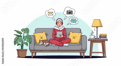 Adobe illustrator artwork vector illustration of a relaxed Muslim woman in hijab using a tablet on a sofa at home, thinking about social media, email, and photos. Cozy indoor vector scene