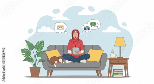 Adobe illustrator artwork vector illustration of a relaxed Muslim woman in hijab using a tablet on a sofa at home, thinking about social media, email, and photos. Cozy indoor vector scene