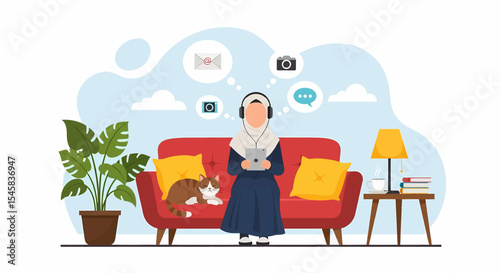 Adobe illustrator artwork vector illustration of a relaxed Muslim woman in hijab using a tablet on a sofa at home, thinking about social media, email, and photos. Cozy indoor vector scene