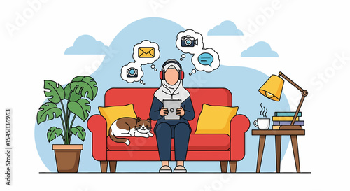 Adobe illustrator artwork vector illustration of a relaxed Muslim woman in hijab using a tablet on a sofa at home, thinking about social media, email, and photos. Cozy indoor vector scene