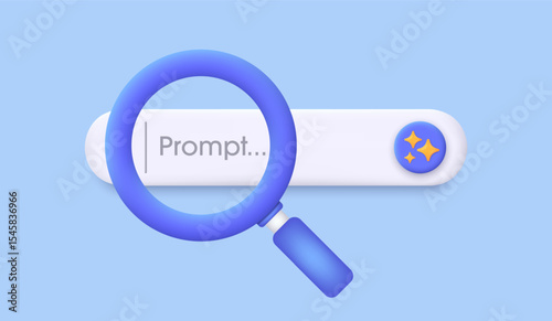 Search engine bar and magnifying glass 3D. Chatbot and AI Assistant. Concept of Artificial Intelligence. Input prompt as commands for search and analysis by AI. Trendy and modern vector in 3d style.