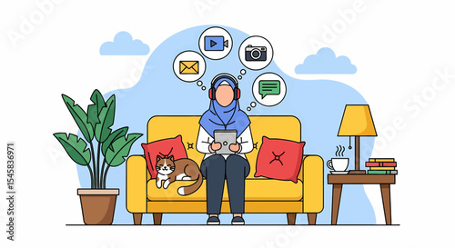 Adobe illustrator artwork vector illustration of a relaxed Muslim woman in hijab using a tablet on a sofa at home, thinking about social media, email, and photos. Cozy indoor vector scene