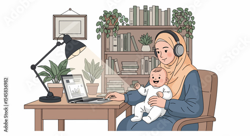 Adobe illustrator artwork vector illustration of a multitasking Indonesian Muslim mother in hijab working from home on a laptop while holding her baby. Remote work and motherhood vector