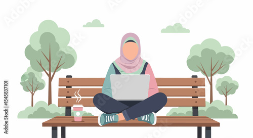 Adobe illustrator artwork vector illustration of an Indonesian Muslim woman in hijab working on a laptop while sitting on a park bench with a coffee. Outdoor work and lifestyle vector