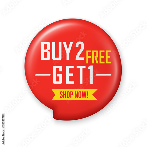 Buy 2 get 1 Free tags sale, 3D red promotion discount sticker label design for advertising. Special offer promotion or retail. Get free promo event banner. Trendy and modern vector in 3d style.