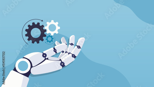 Robotic hand holding cogwheels. Future cybernetic artificial intelligence, innovation and Machine learning. AI technology. Technical support engineering concept. Vector cartoon illustration.