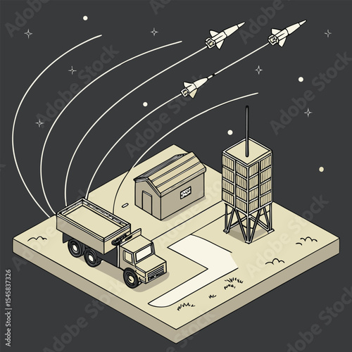 Lunar Launch Isometric Illustration of Missile Launch from Moon Base