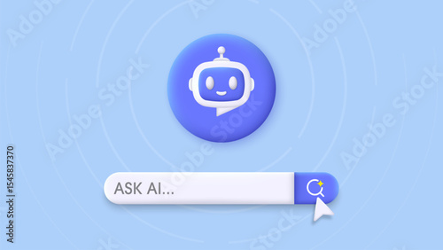 3D Search engine bar and Robot. Chatbot and AI Assistant. Concept of Artificial Intelligence. Input prompt as commands for search and analysis by AI. Trendy and modern vector in 3d style.