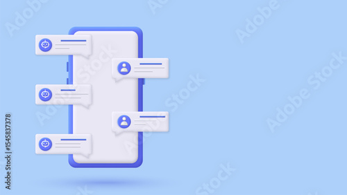 3D smartphone online chatbot app with messages. Artificial intelligence technology concept. Automation support chatting with bot. Customer support service AI. Trendy and modern vector in 3d style.