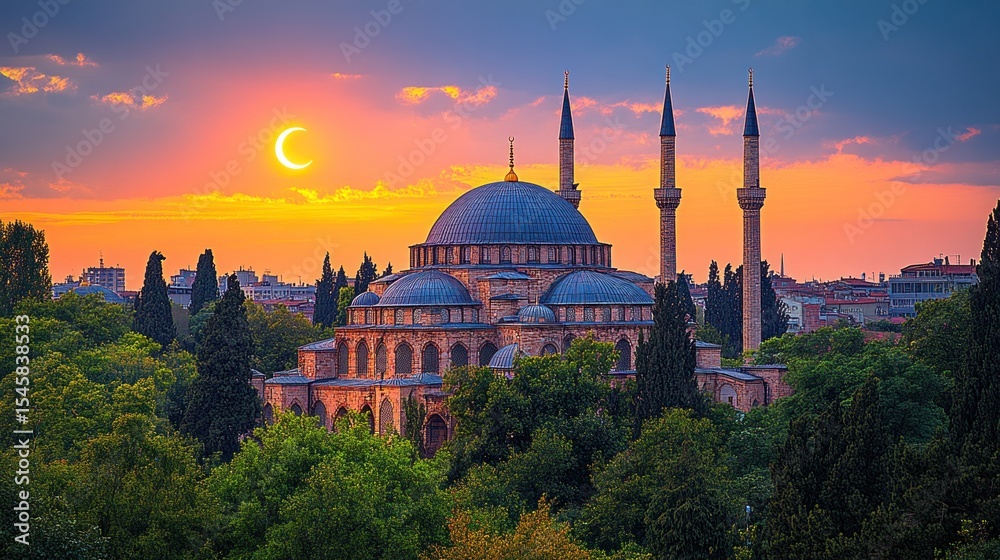 Fototapeta premium Mosque at sunset, partial eclipse