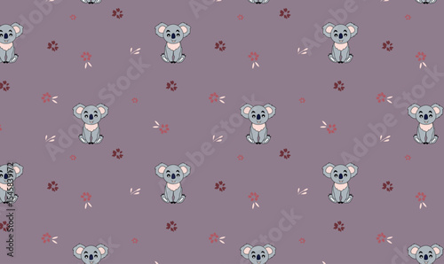 Cute Koala Seamless Pattern with Floral Accents on Purple Background – Hand-Drawn Animal Design for Kids
