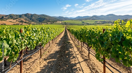 rows of grapevines in a sun-drenched vineyard, dew still clinging to leaves, mountains in the distance, late summer light highlighting the natural textures