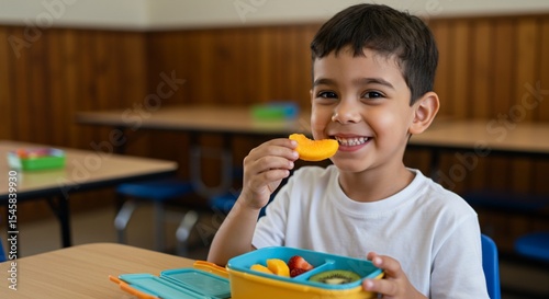 Smiling boy enjoys a healthy peach slice from his colorful lunchbox at school