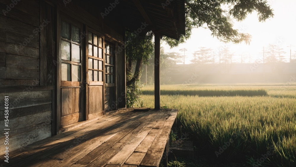 Rustic wooden porch overlooking sun-dappled rice paddy at dawn Rustic wooden porch overlooking sun-dappled rice paddy at dawn