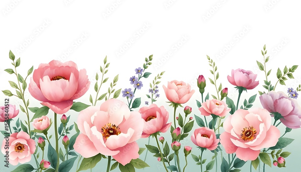 Fototapeta premium Delicate Pink Peony and Wildflower Border on White Background
