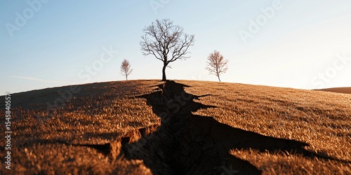 a landscape of fallow land with visible cracks in the earth, horizon featuring lone trees and soft hills, overcast lighting, natural muted tones, realism-focused image without people or artificial