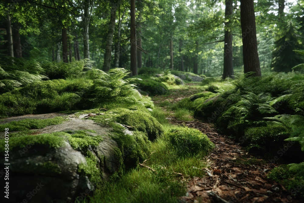 Obraz premium Exploring a Lush Green Forest Full of Vibrant Plants Rocks and Sustainable Principles of Carbon Neutrality