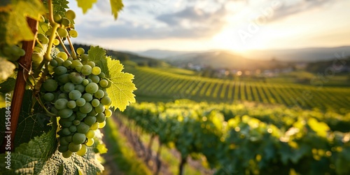 vineyard captured from low angle, foreground vine dominating frame with background rows diminishing toward soft evening light, mild cloud texture above horizon, immersive focus on structure