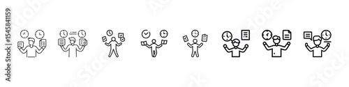 Multitasking Icon – Time Management and Productivity Balance, Icon of a person juggling a clock and a task list, symbolizing multitasking, time management, productivity pressure, daily planning