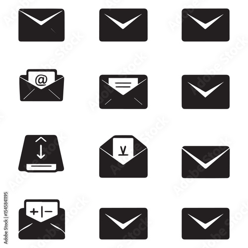 Twelve email envelope icons silhouette set for digital communication