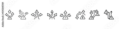 Multiple Direction Warning Icon – Risk in Decision Paths, Set of outlined icons featuring warning signs with diverging arrows, representing critical decision-making, multiple risk directions