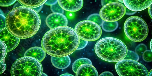 Microscopic Lifeforms A Close-Up View of Vibrant Green Cells Illuminated from Within