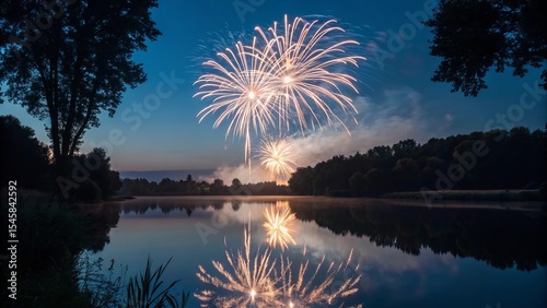Bright 4th of July fireworks light up the night sky and reflect beautifully on a peaceful lake. A tranquil, patriotic summer scene capturing celebration, reflection, and natural beauty during Independ