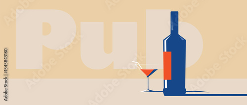 Pub, bar, cocktail party, poster in horizontal format, bottle of alcohol, glass of cocktail. Design alcohol shop, kitchen decoration, drinks, alcohol menu, martini