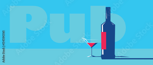 Flat style illustration, alcohol bottle and cocktail glass, outline drawing. Pub poster, wine bar, party flyer, martini, booze