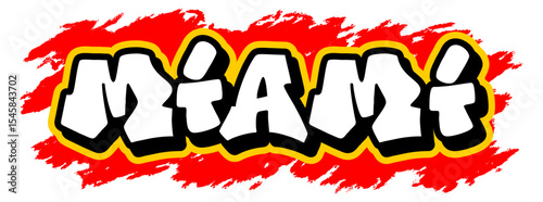 Urban graffiti vector with the word Miami in white text, black outline, and red splatter background. Bold street art style for posters, apparel, or digital design.