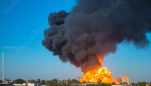 A dramatic scene of a powerful explosion, with thick black and orange smoke rising into a blue sky. In the foreground, a cityscape with buildings and trees is silhouetted against the fiery backdrop of