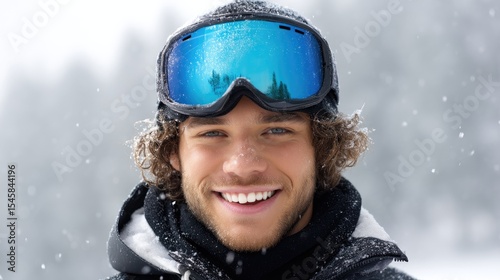Happy Caucasian man smiling in snowy winter landscape wearing ski goggles A joyful winter sports portrait