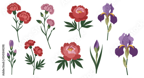 Diverse Hand-Drawn Botanical Flower Set with Dandelions, Sunflowers,  Daisies, Lilies, Daffodils, and Irises etc. 