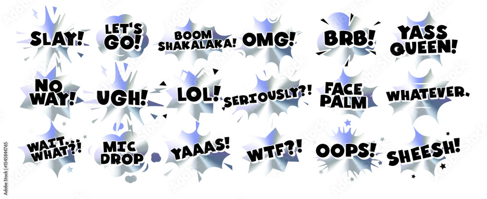 Naklejka premium Comic Style Slang Text Stickers, Funny Memes and Pop Phrases in Explosive Chromic Holograph Gradient Speech Bubbles. Trendy Internet Expressions and Reactions Pack. Vector Illustration.