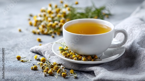 A chamomile tea with dried chamomile blossoms, white ceramic, and linen cloth, copy space on left