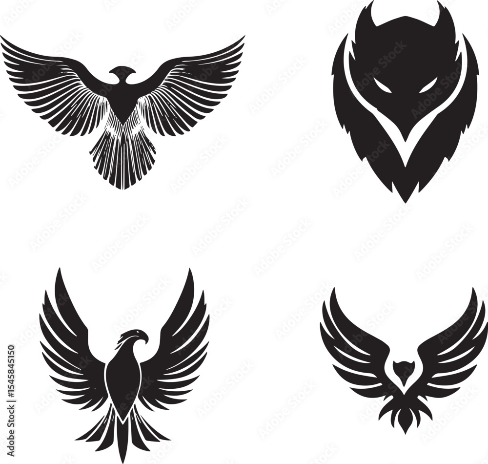 Obraz premium Majestic Eagle Silhouettes with Spread Wings – Vector Set Black and White Hawk and Eagle Tattoo Designs Flying Predator Birds – Monochrome Falcon Illustrations