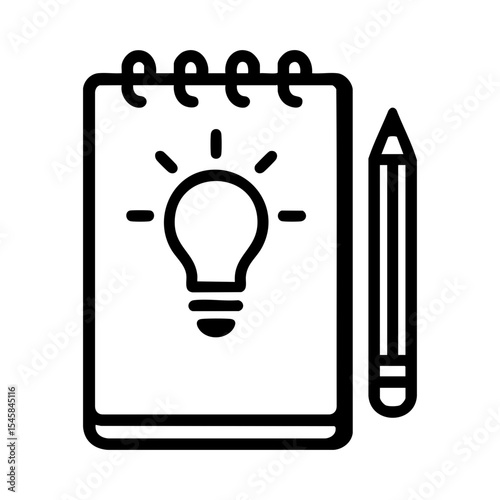 Notebook with light bulb icon symbolizing creative ideas, learning notes, school project or educational inspiration
