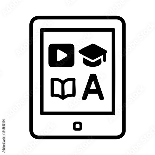Online learning icon with tablet showing education app, video, reading and graduation cap for digital study