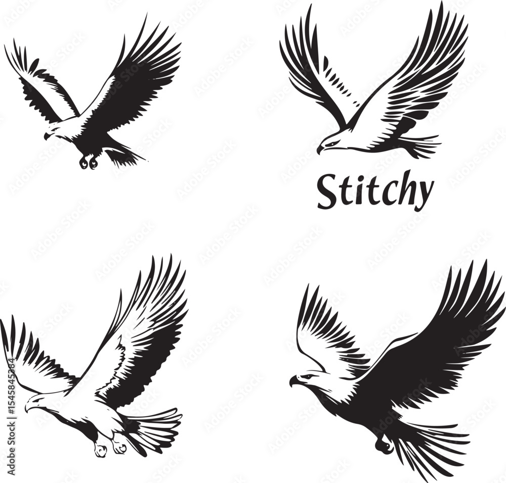 Fototapeta premium Majestic Eagle Silhouettes with Spread Wings – Vector Set Black and White Hawk and Eagle Tattoo Designs Flying Predator Birds – Monochrome Falcon Illustrations
