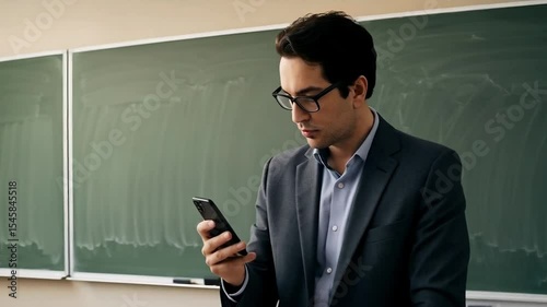 A male teacher in a classroom looks at his phone while standing next to a desk with a laptop and open book