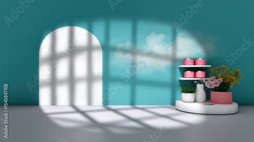 Wallpaper Mural Minimalist Product Showcase with Teal Background and Pink Containers Torontodigital.ca